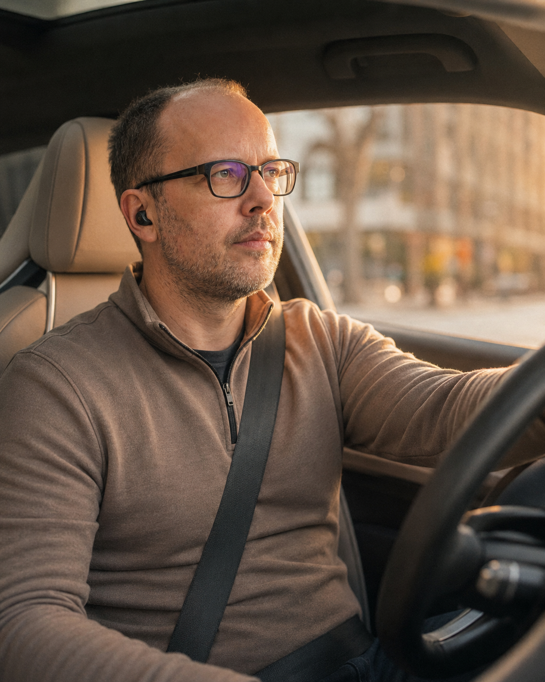 In the car — five minutes of traffic become five minutes ahead.